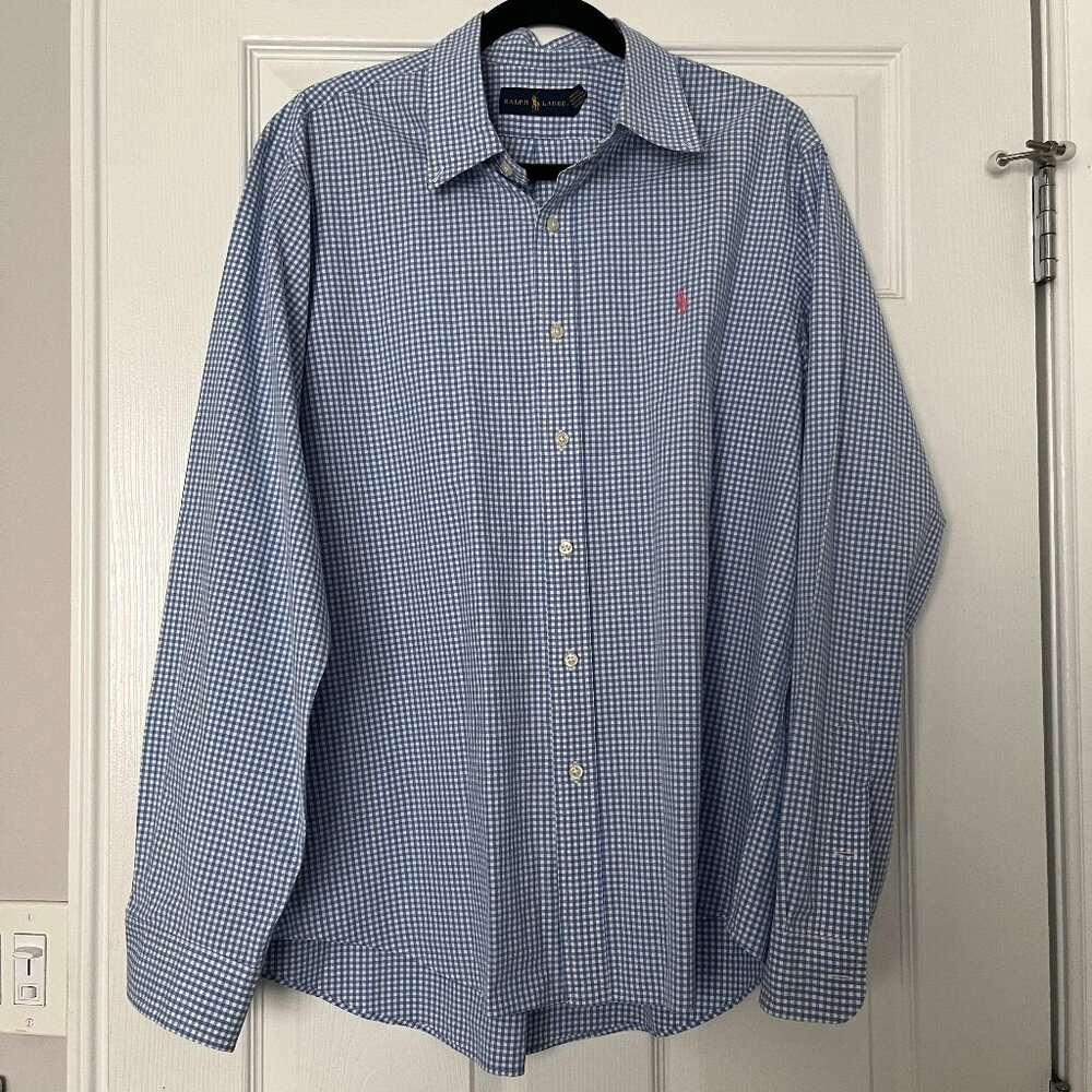 Ralph Lauren Polo Mens Button Shirt Gingham Check Blue Pony Preppy Sz XL